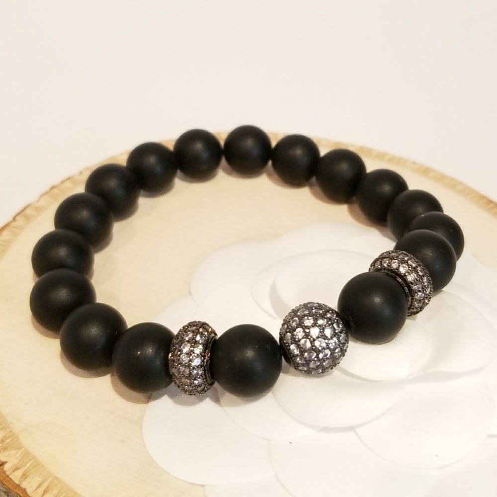 NEW Natural Black Stones Pave CZ Stretch Bracelet - Picture 2 of 5